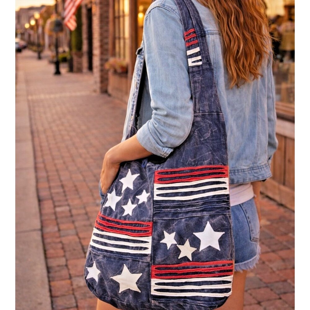 Americana HOBO BAG Large Crossbody Patriotic Shredded Stone Wash Patchwork Purse